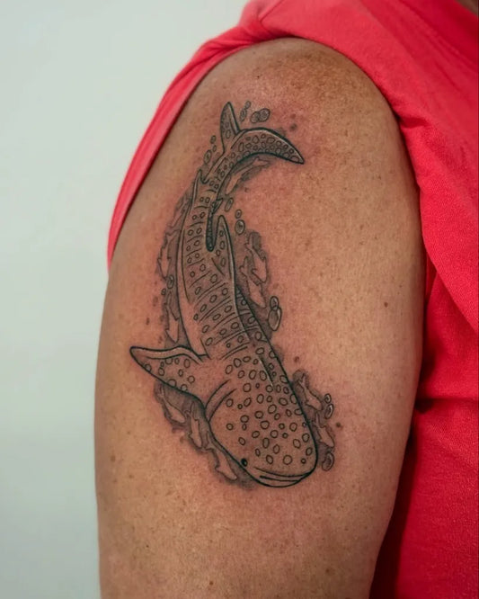 Medium Black and Grey Spotted Eagle Ray on Women Shoulder Tattoo by @mr.goodboy.ink