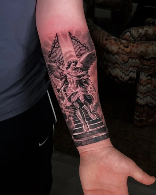 Medium Black and Grey St Michael with Gates and Wings Tattoo on Men Arm by @corey_stc