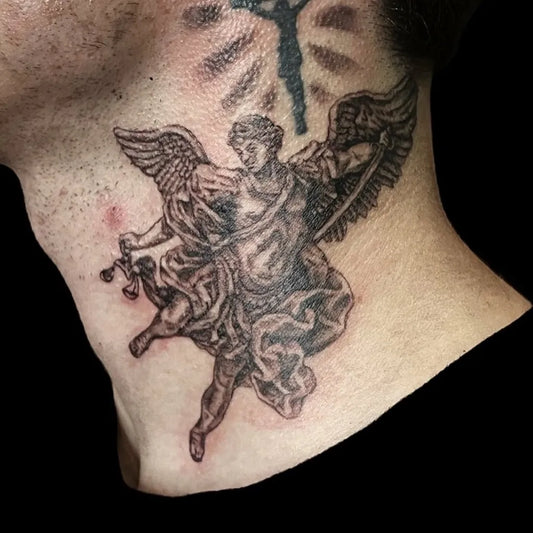 Medium Black and Grey St Michael with Sword and Scales Tattoo on Men Neck by @mel.f.doom