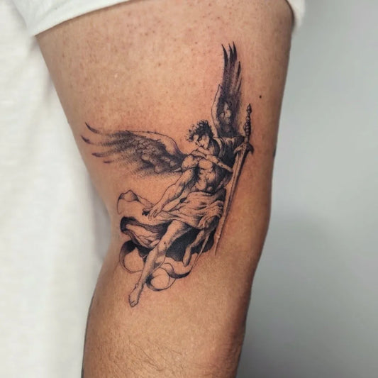 Medium Black and Grey St Michael with Wings and Sword Tattoo on Men Arm by @ashynuckles