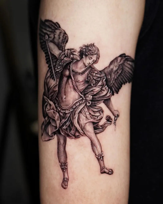 Medium Black and Grey St Michael with Wings and Sword Tattoo on Men Arm by @kanontsunemi