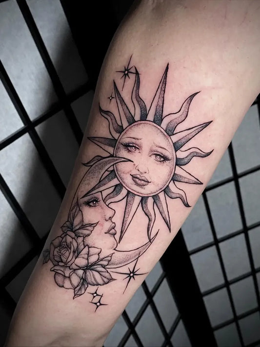 Medium Black and Grey Sun Moon Rose on Women Arm Tattoo by @jennpduckytattoos
