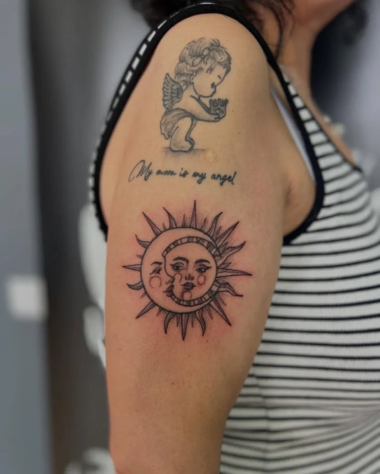 Medium Black and Grey Sun and Moon Angel on Women Arm Tattoo by @4utattoo.bucharest