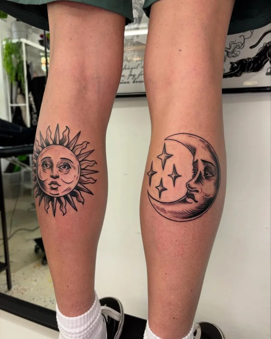 Medium Black and Grey Sun and Moon Tattoo on Women Calf by @taro_tat