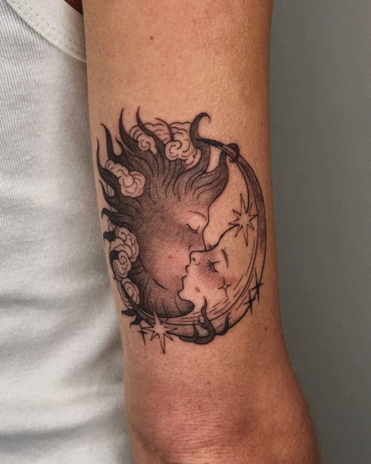 Medium Black and Grey Sun and Moon and Flames on Women Arm Tattoo by @inkedbychau