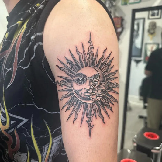Medium Black and Grey Sun and Moon on Men Arm Tattoo by @mateobradleytattoos