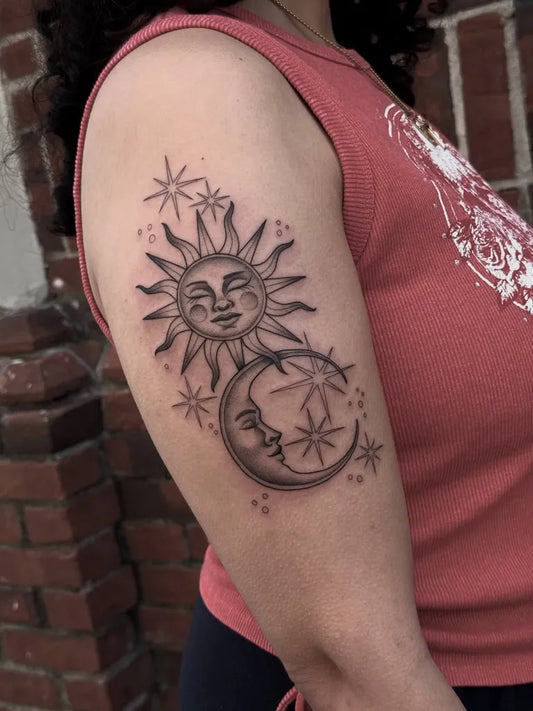 Medium Black and Grey Sun and Moon on Women Arm Tattoo by @carlosthebarloswarlos_