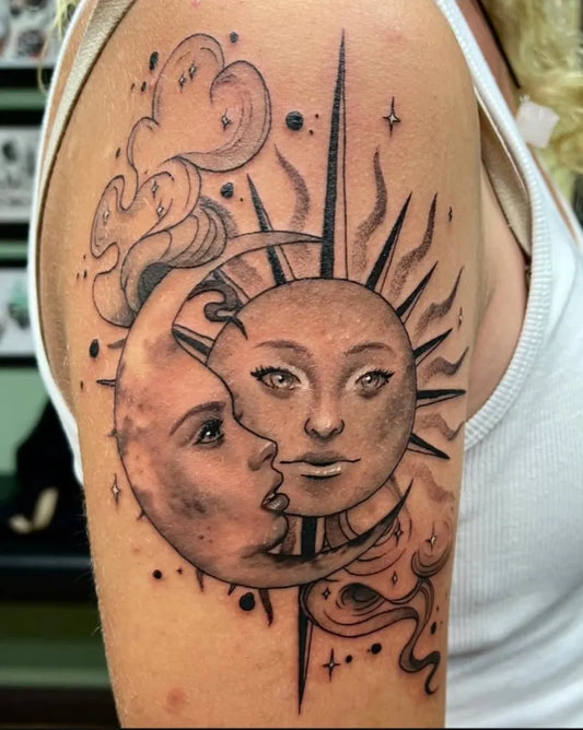 Medium Black and Grey Sun and Moon on Women Arm Tattoo by @goldcoasttattoos