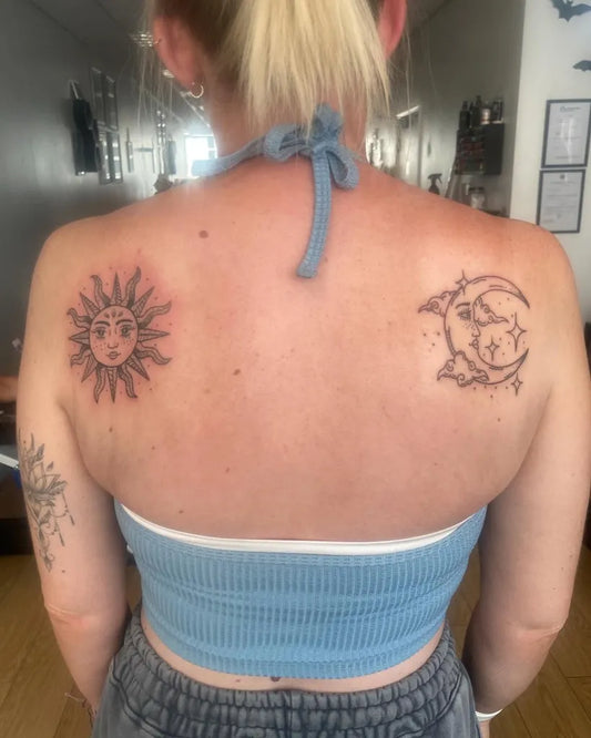 Medium Black and Grey Sun and Moon on Women Back Tattoo by @horridhenrytattoos