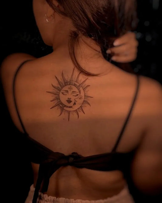 Medium Black and Grey Sun and Moon on Women Back Tattoo by @inkbymitza