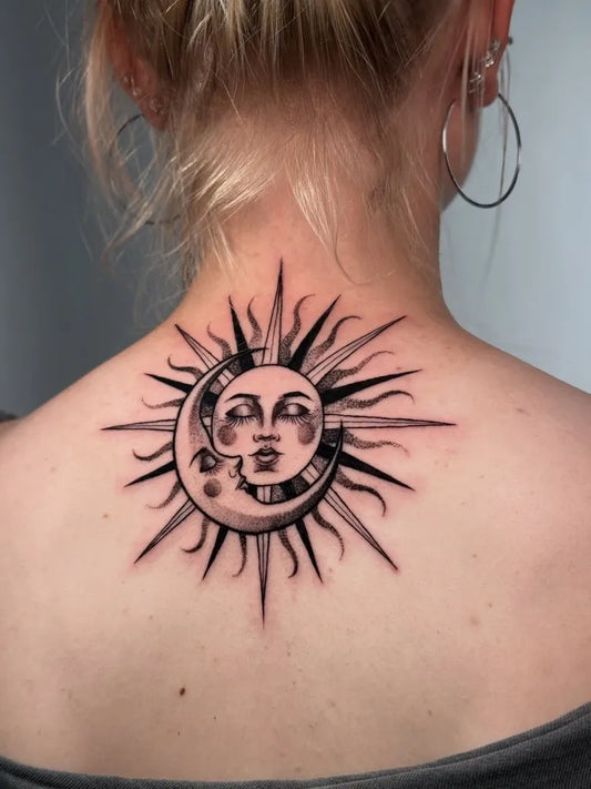 Medium Black and Grey Sun and Moon on Women Back Tattoo by @wikisurel.tattoo