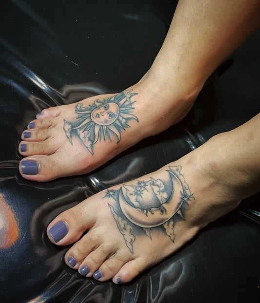 Medium Black and Grey Sun and Moon on Women Feet Tattoo by @vickytatts