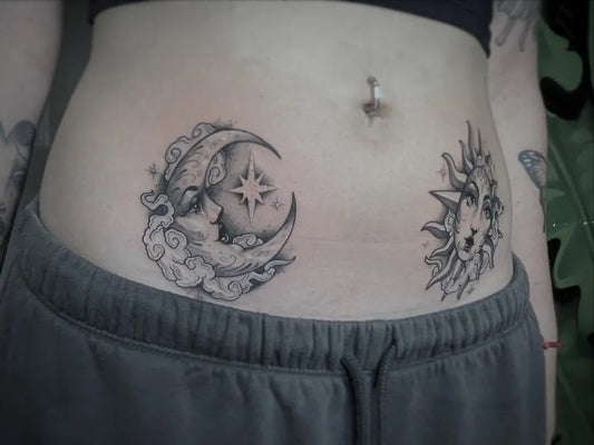 Medium Black and Grey Sun and Moon on Women Hip Tattoo by @joanneleslietattoo
