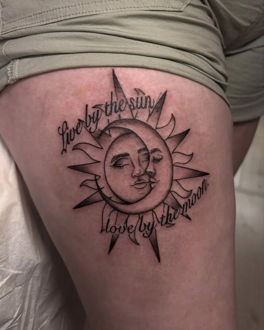 Medium Black and Grey Sun and Moon on Women Thigh Tattoo by @sadgrltattoos