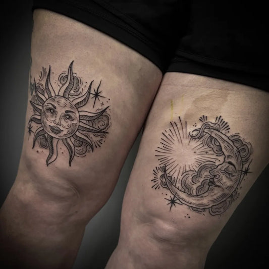 Medium Black and Grey Sun and Moon on Women Thigh Tattoo by @savannahswoodcuts
