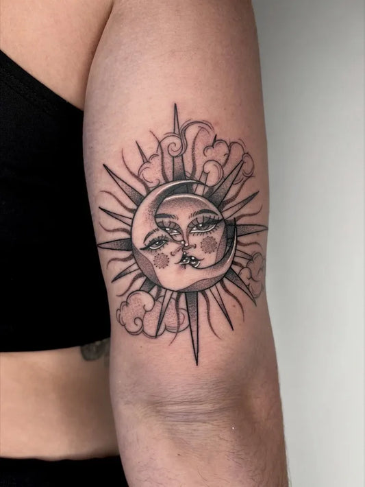 Medium Black and Grey Sun and Moon with Clouds on Women Arm Tattoo by @megrobertstattoo