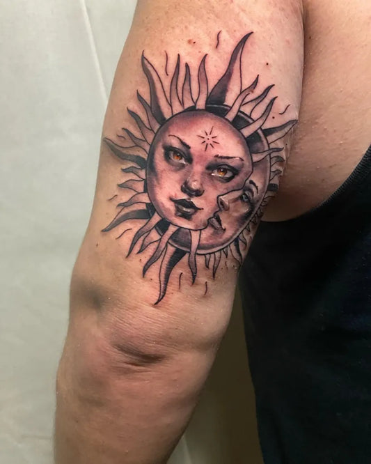 Medium Black and Grey Sun and Moon with Face on Men Arm Tattoo by @burningindy
