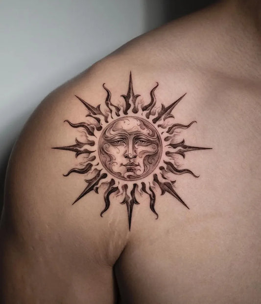 Medium Black and Grey Sun with Face on Men Shoulder Tattoo by @jeon______