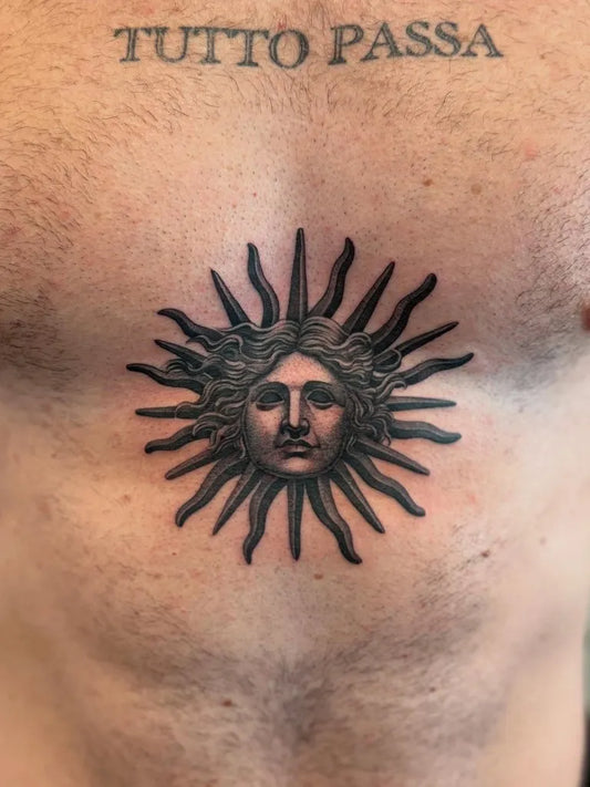 Medium Black and Grey Sun with Medusa Face on Men Chest Tattoo by @danimawbytattooer