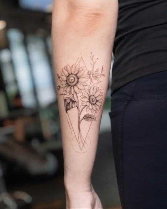 Medium Black and Grey Sunflower Diamond and Foliage on Women Arm Tattoo by @cristinasantats