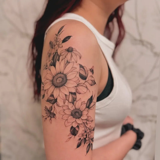 Medium Black and Grey Sunflower Flowers on Women Shoulder Tattoo by @iamthepaintedlady