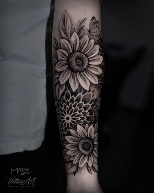 Medium Black and Grey Sunflower Mandala Butterfly on Women Arm Tattoo by @mara_tattooart