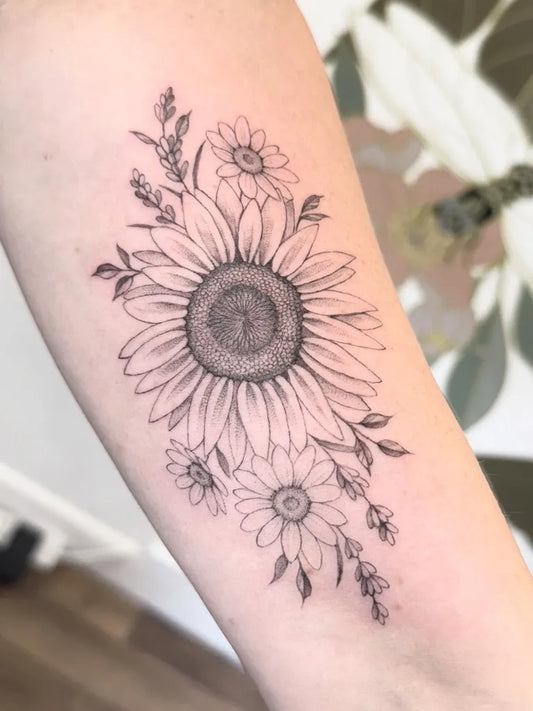 Medium Black and Grey Sunflower and Daisies on Women Arm Tattoo by @brittbeale