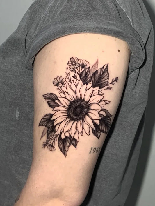 Medium Black and Grey Sunflower and Flowers on Women Arm Tattoo by @elisaftattoo
