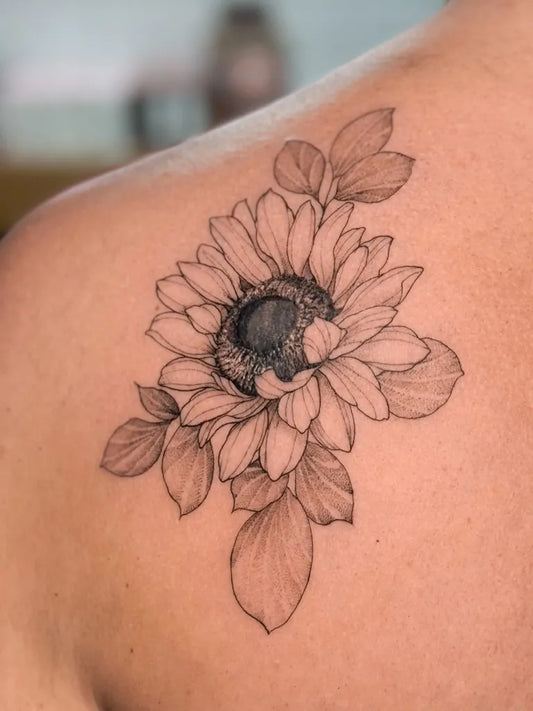 Medium Black and Grey Sunflower and Leaves on Women Shoulder Tattoo by @jayke_cox