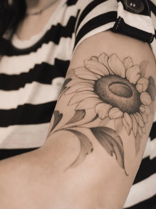 Medium Black and Grey Sunflower on Women Arm Tattoo by @vinicioslira