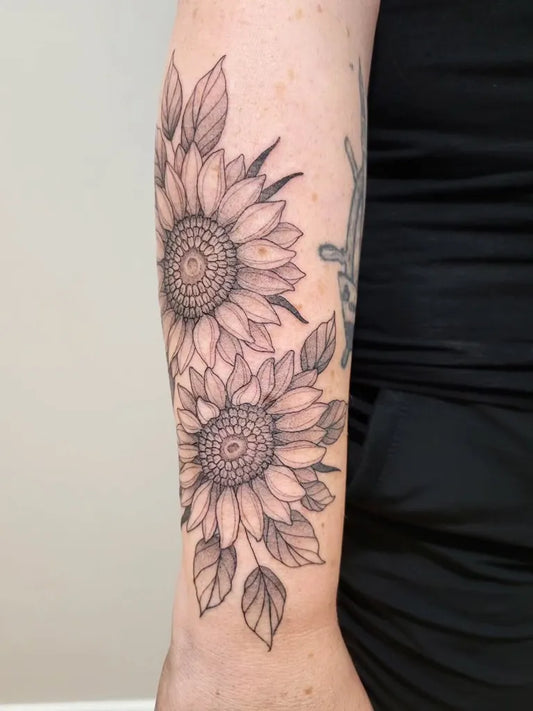 Medium Black and Grey Sunflowers and Leaves on Women Arm Tattoo by @little.mustard.ink