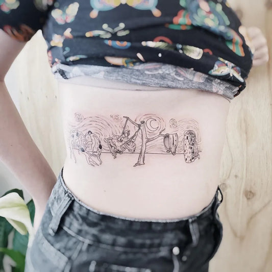 Medium Black and Grey Surreal Mushroom Landscape Tattoo on Women Rib by @jamescooper.fineline