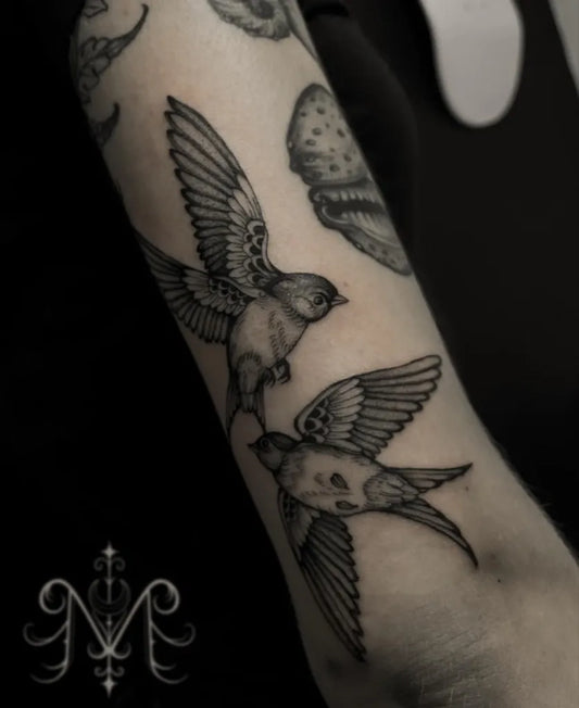 Medium Black and Grey Swallow Birds Tattoo on Women Arm by @miarosetattoo