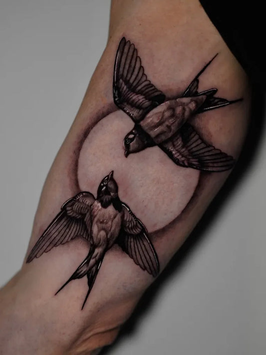 Medium Black and Grey Swallow Birds and Moon Tattoo on Men Arm by @j.hunn