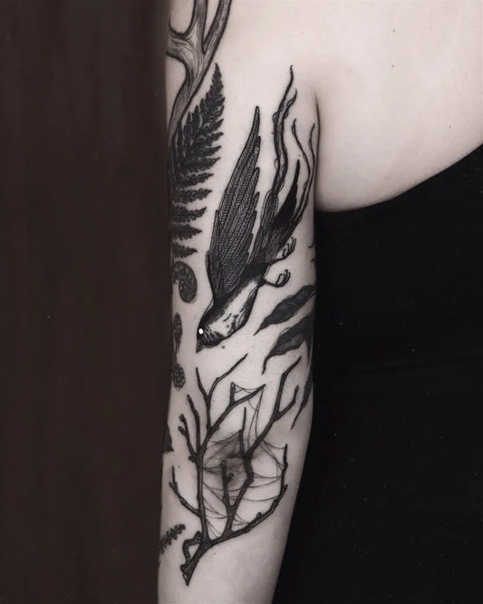 Medium Black and Grey Swallow Fern Branch Tattoo on Women Arm by @psychara_art