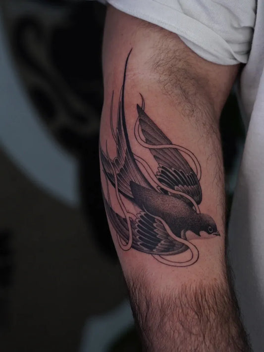 Medium Black and Grey Swallow Tattoo on Men Arm by @cmpll_ttt