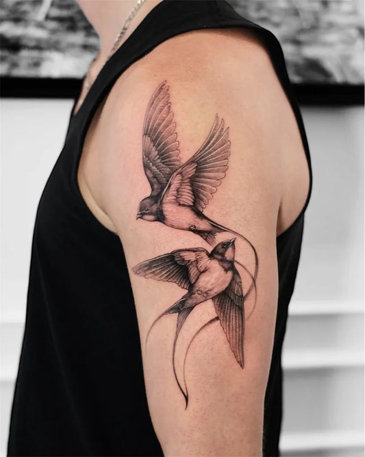 Medium Black and Grey Swallow Tattoo on Men Shoulder by @azonetattoo
