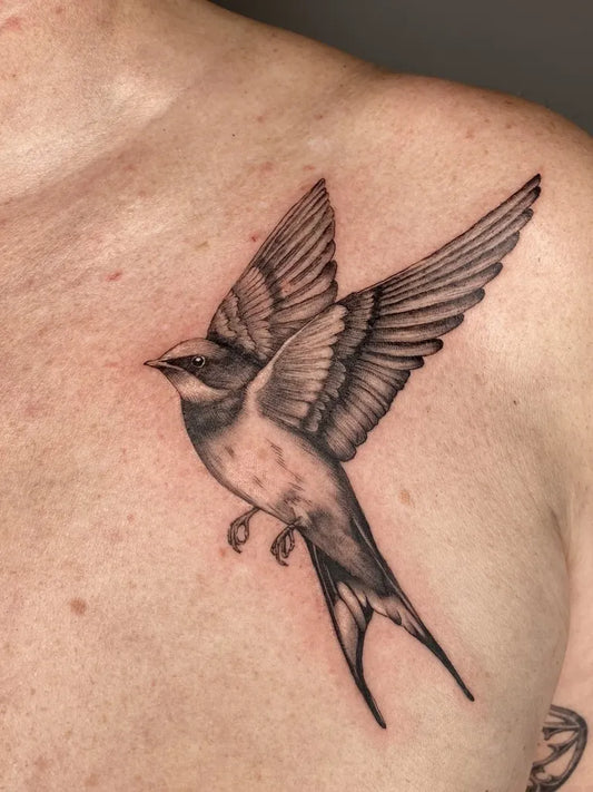 Medium Black and Grey Swallow Tattoo on Men Shoulder by @fays.tats