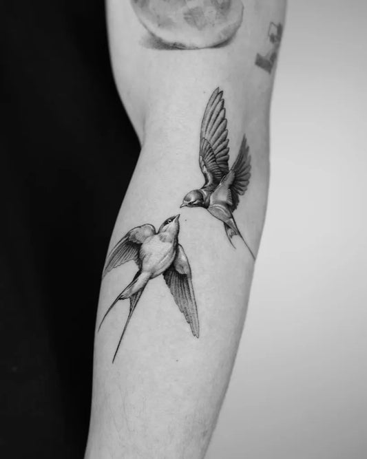 Medium Black and Grey Swallow Tattoo on Women Arm by @guccidayoff
