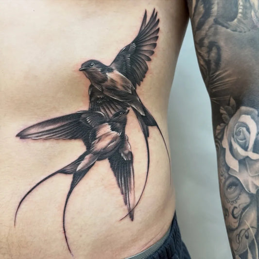 Medium Black and Grey Swallows Tattoo on Men Torso by @charw_tattoos