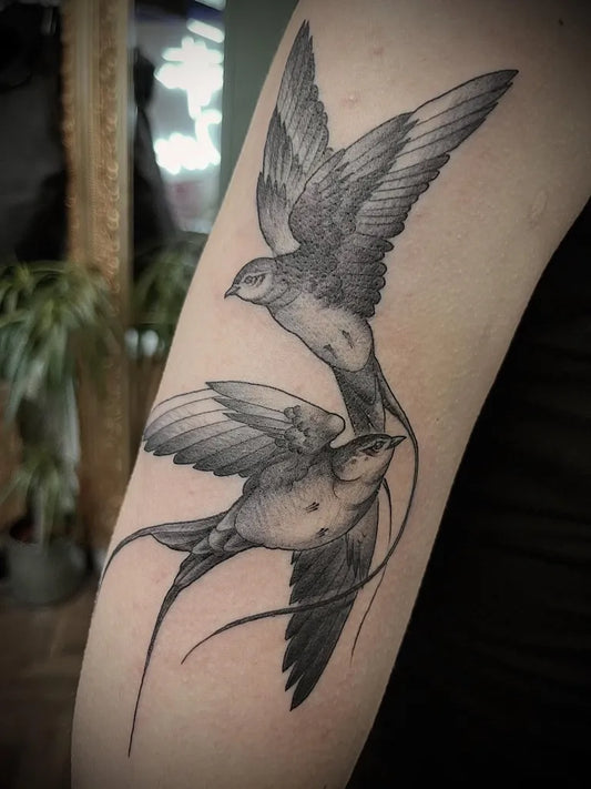 Medium Black and Grey Swallows Tattoo on Women Arm by @tim_needham_tattoo