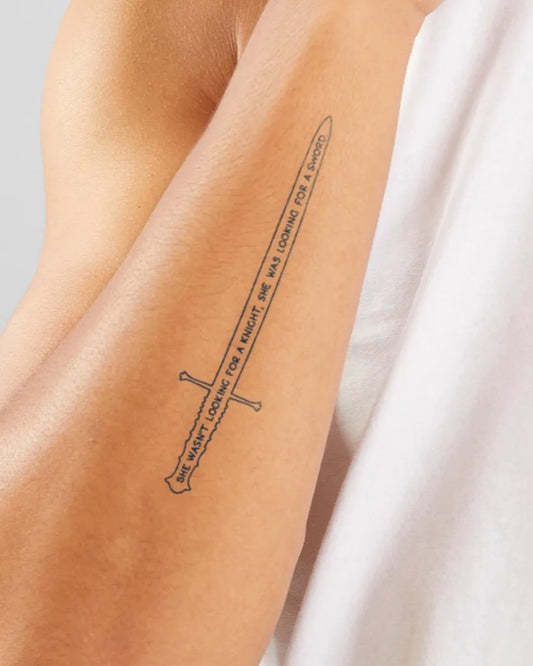Medium Black and Grey Sword Quote Tattoo on Men Arm by @atticuspoetry