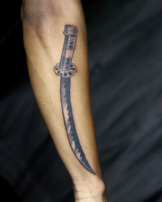 Medium Black and Grey Sword Tattoo on Men Arm by @the_tattoo_art_