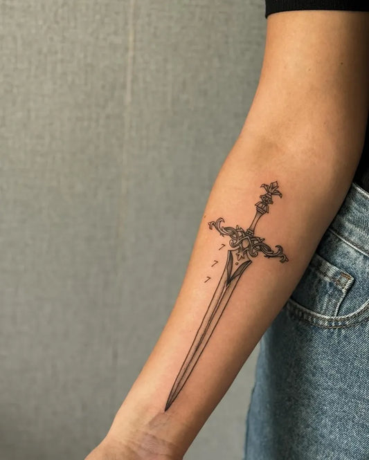 Medium Black and Grey Sword Tattoo on Women Arm by @agnyte_tattoo