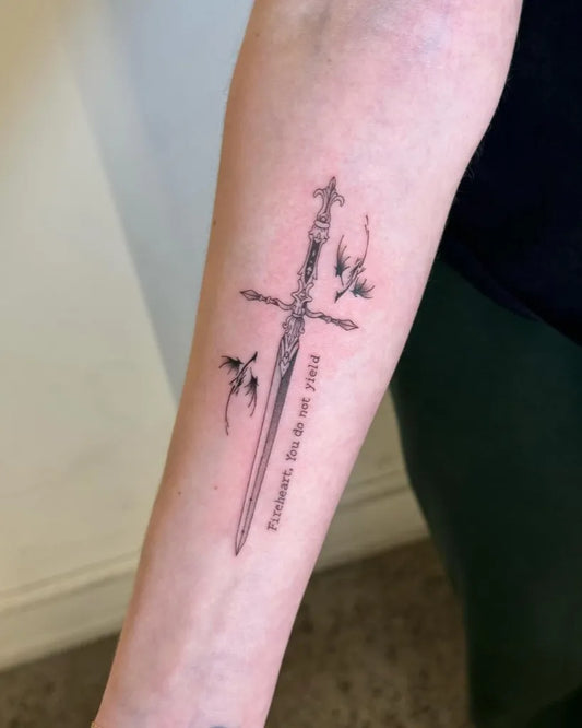 Medium Black and Grey Sword and Birds on Women Arm Tattoo by @acmw_