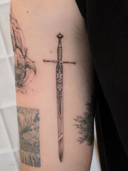 Medium Black and Grey Sword and Ship on Men Arm Tattoo by @nthn.tattoo