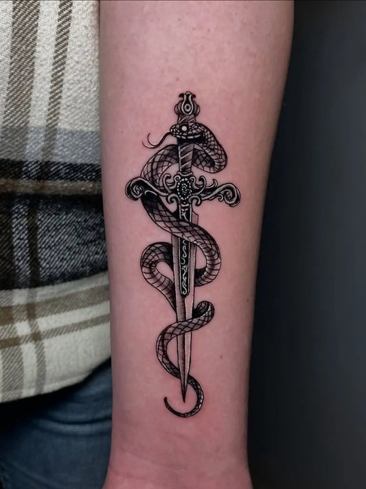 Medium Black and Grey Sword and Snake on Women Arm Tattoo by @tattooerfirat