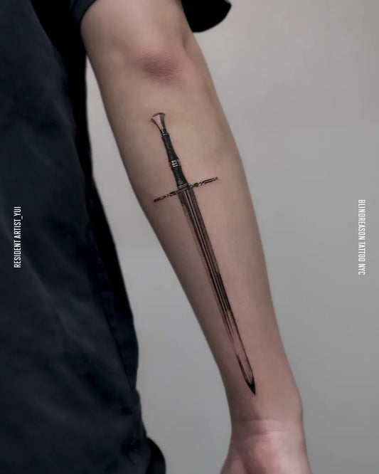 Medium Black and Grey Sword on Men Arm Tattoo by @blindreasontattoo