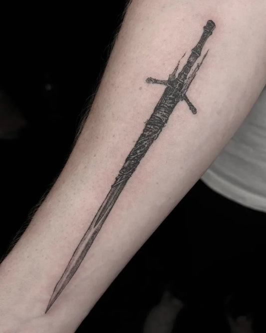 Medium Black and Grey Sword on Men Arm Tattoo by @la13va_tear