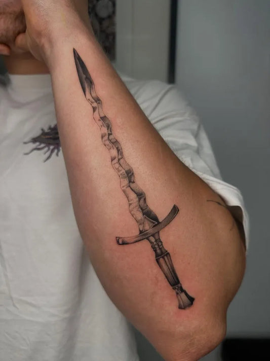 Medium Black and Grey Sword on Men Arm Tattoo by @odey1kenobi_tattoo